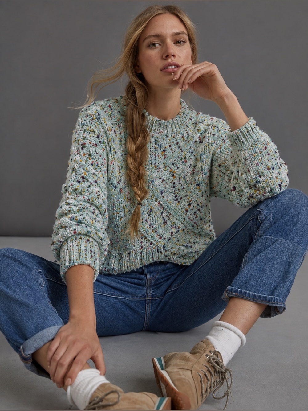 Altar’d State Chenille Rainbow Confetti Cable Sweater with Asymmetric Hem